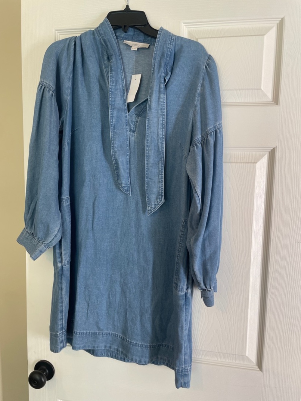 LOFT Medium Blue Denim Tunic with Tie Neck